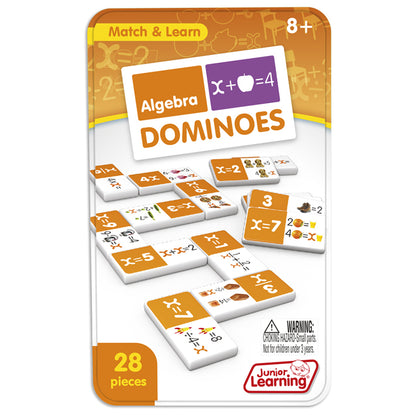 Junior Learning Algebra Dominoes 28-piece matching game with orange and white tiles featuring equations and visual le...