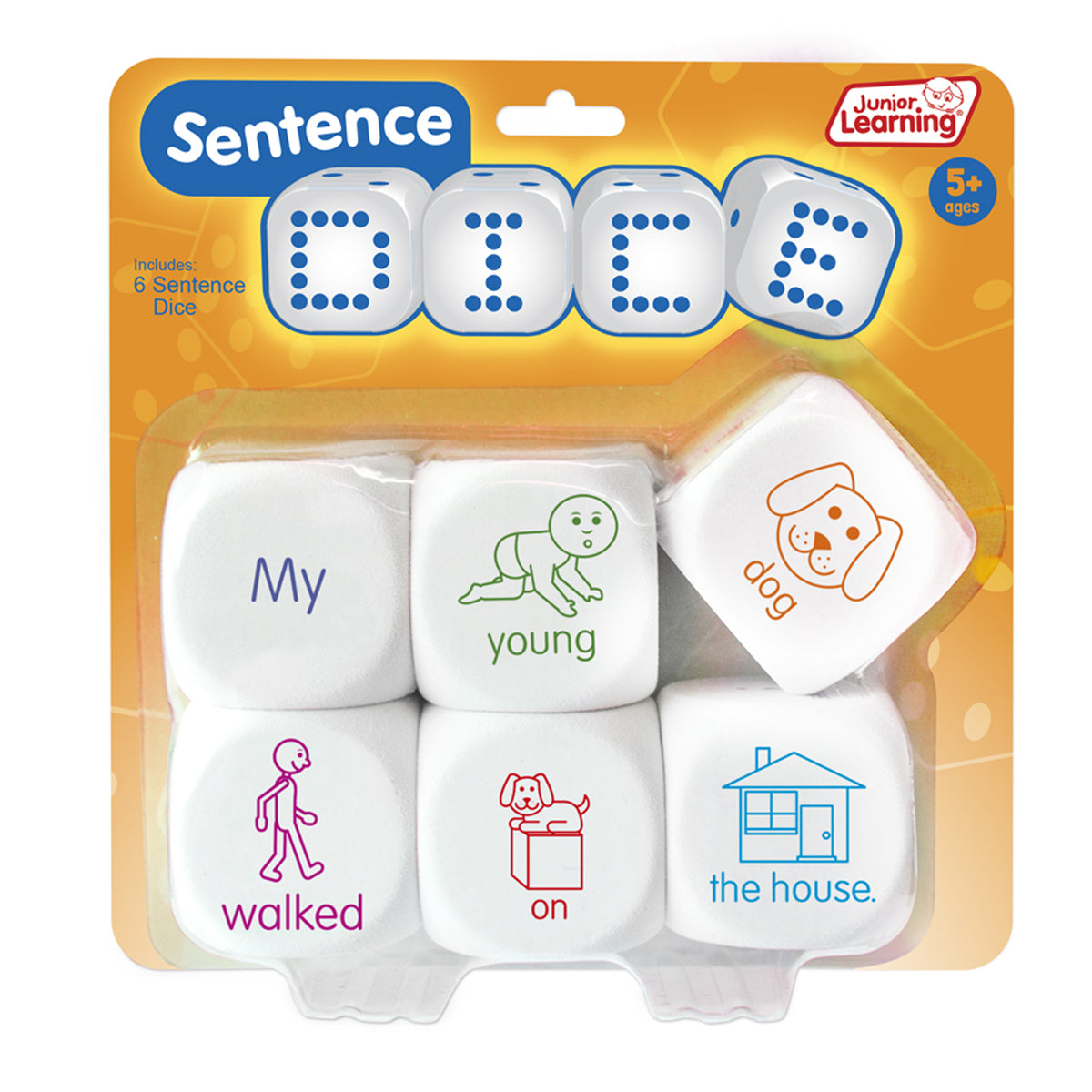 Junior Learning Sentence Dice 6-piece set with white cubes showing words and images to build sentences for ages 5+