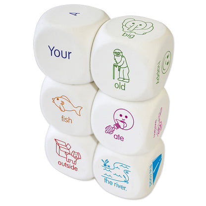 Junior Learning Sentence Dice 6-piece set with white cubes showing words and illustrations for building sentences