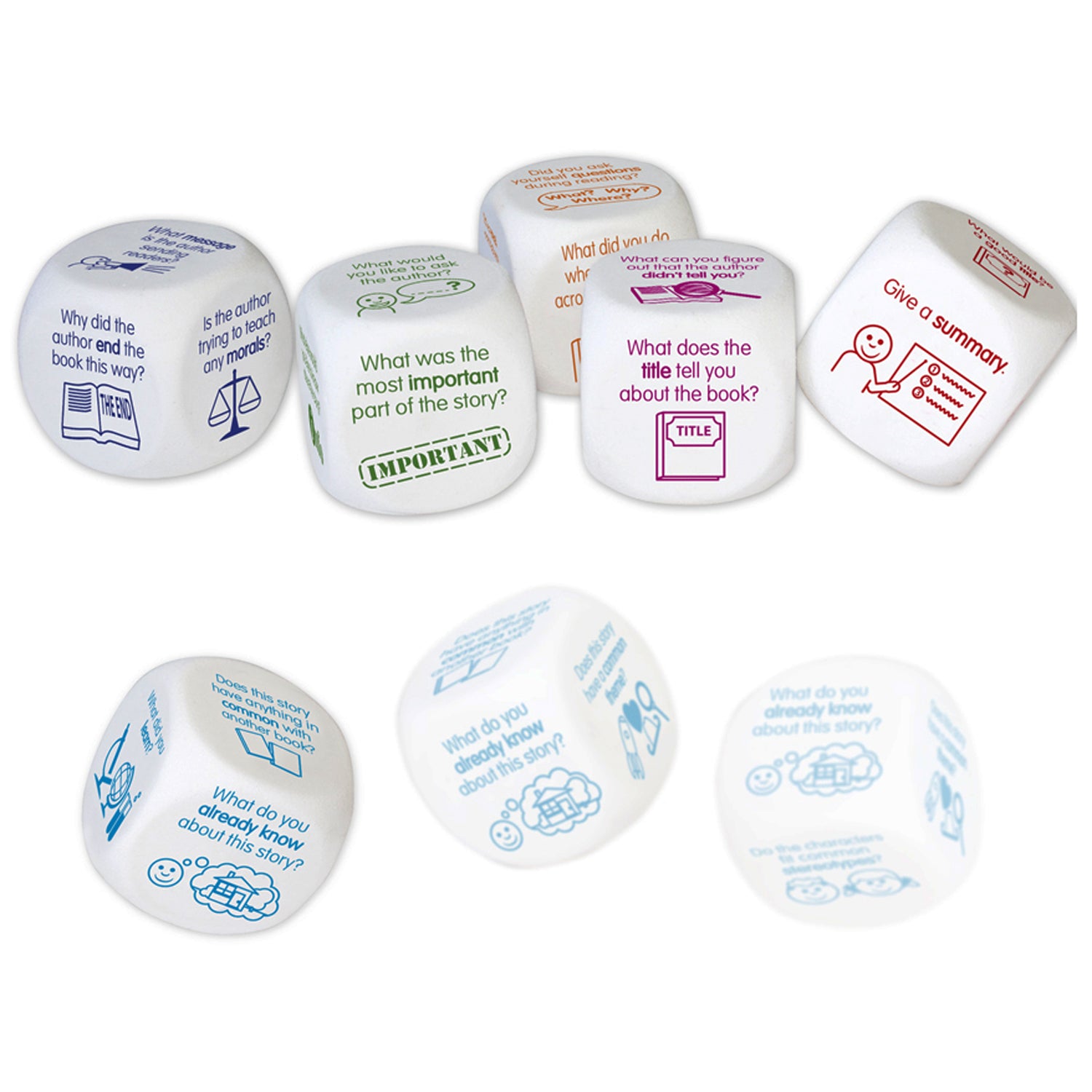 Comprehension Dice Reading Game 6-piece set with colorful dice in blue, purple, orange and red featuring reading comp...