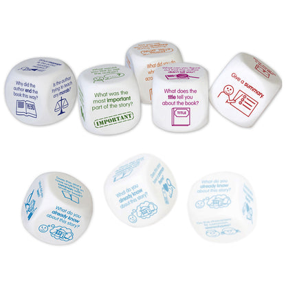 Comprehension Dice Reading Game 6-piece set with colorful dice in blue, purple, orange and red featuring reading comp...