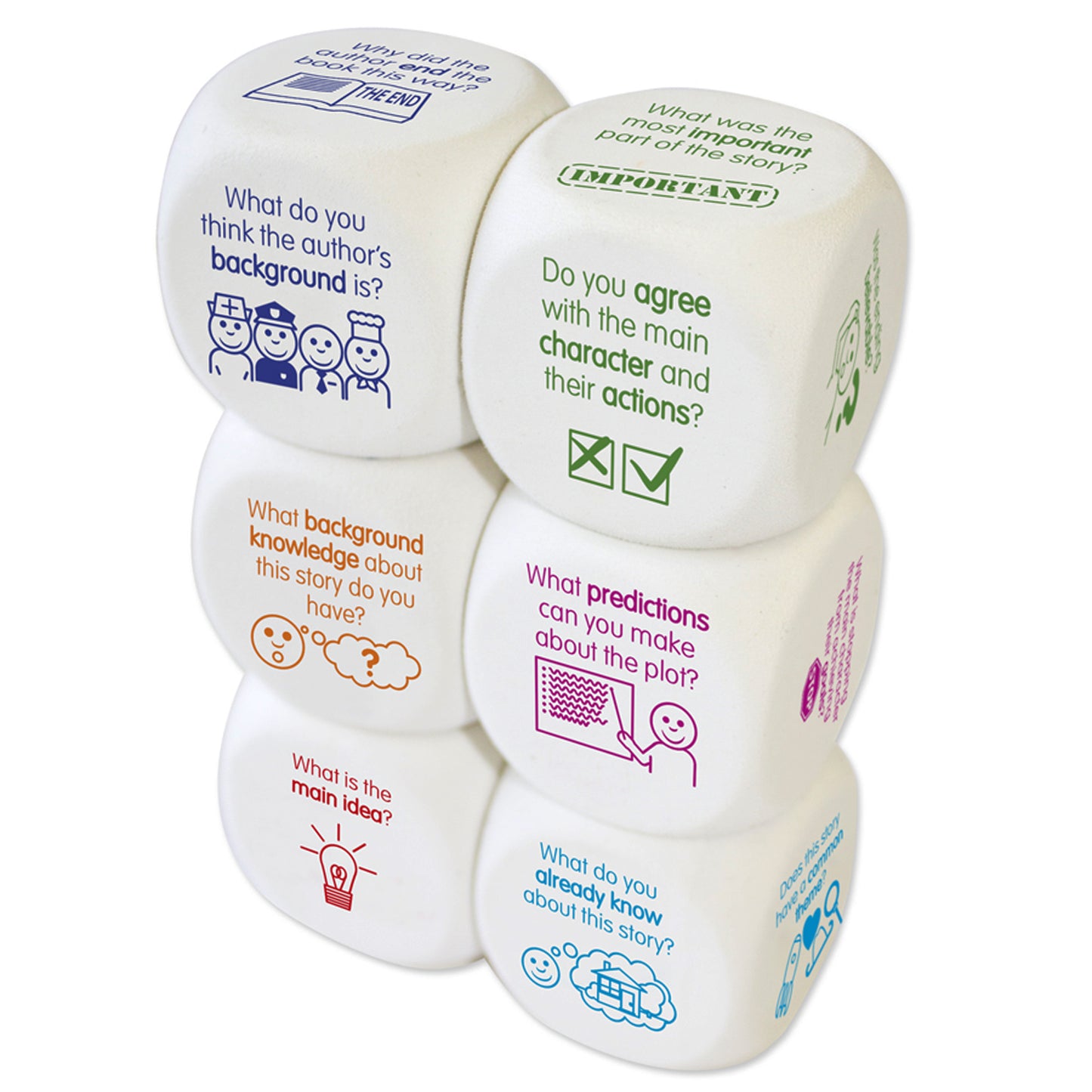 Comprehension Dice Reading Game 6-piece set with colorful question prompts for story analysis and character discussion