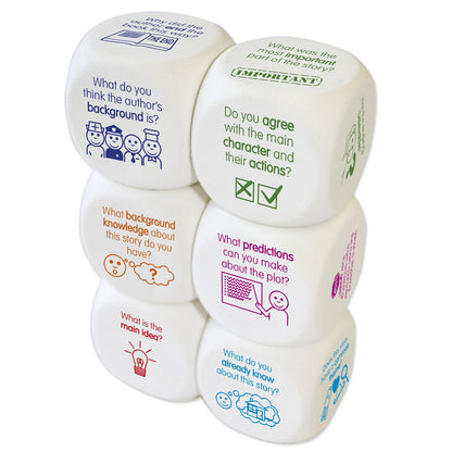 Comprehension Dice Reading Game 6-piece set with colorful question prompts for story analysis and character discussion