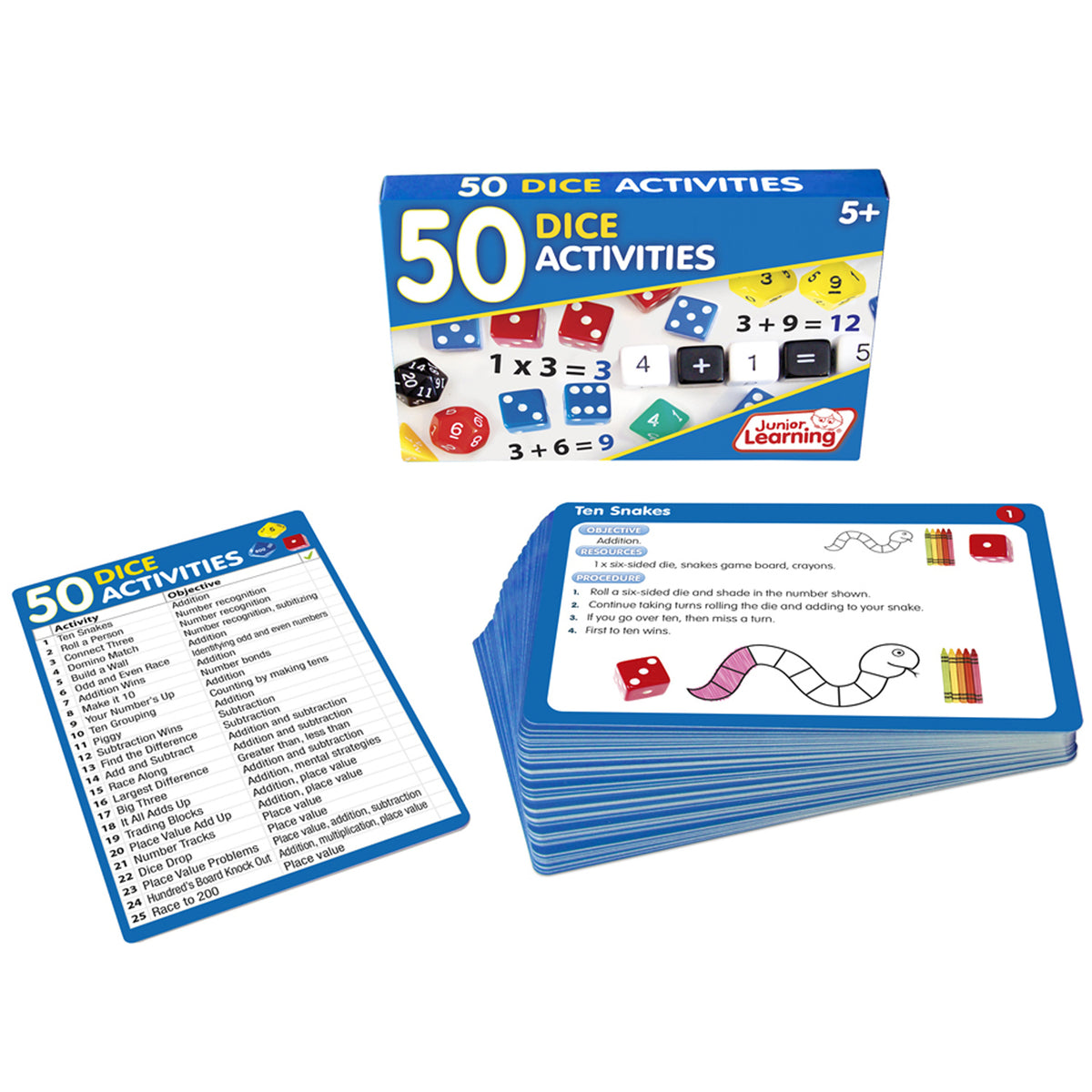 50 Dice Activities Math Skills Learning Cards Set with colorful dice and game board cards for children ages 5+