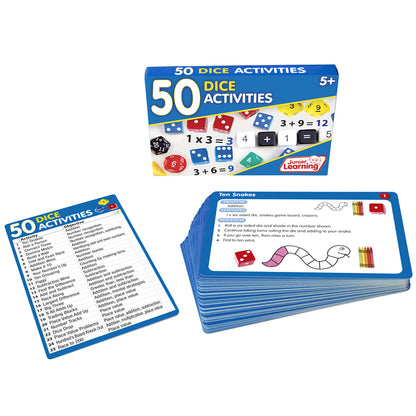 50 Dice Activities Math Skills Learning Cards Set with colorful dice and game board cards for children ages 5+