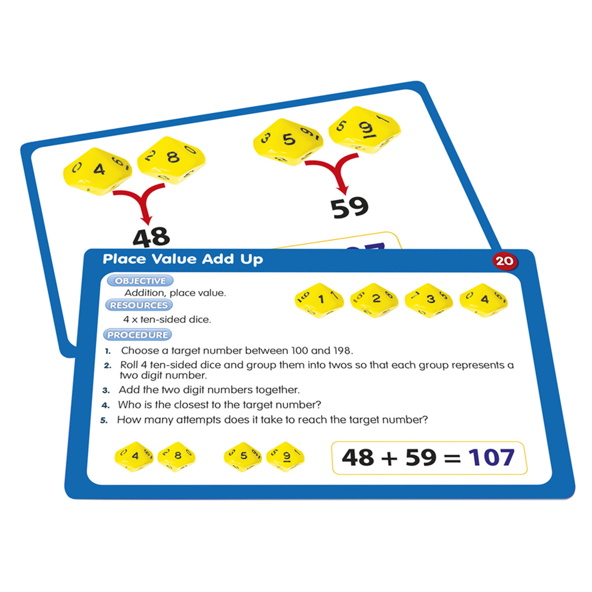 50 Dice Activities Math Skills Learning Cards Set with yellow ten-sided dice showing place value addition game