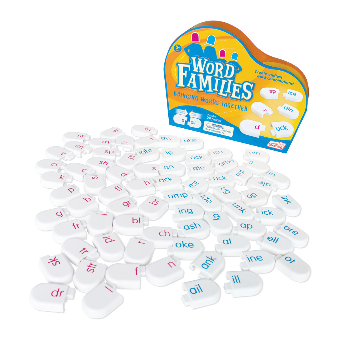 Word Families Interactive Literacy Building Blocks with 74 white tiles in pink and blue text, includes game box