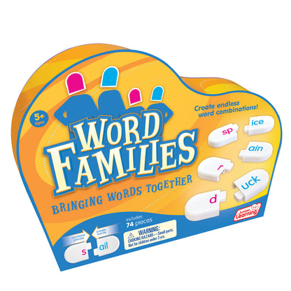 Word Families building blocks toy with 74 colorful tiles in blue, yellow, and orange packaging for ages 5+