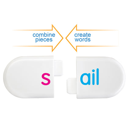 Word Families Interactive Literacy Building Blocks showing pink 's' and blue 'ail' tiles combining to create words