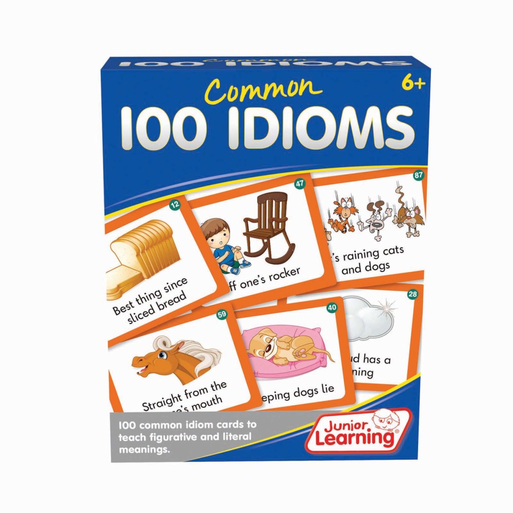 100 Common Idioms card set box showing example idiom cards with illustrations and text, for ages 6+