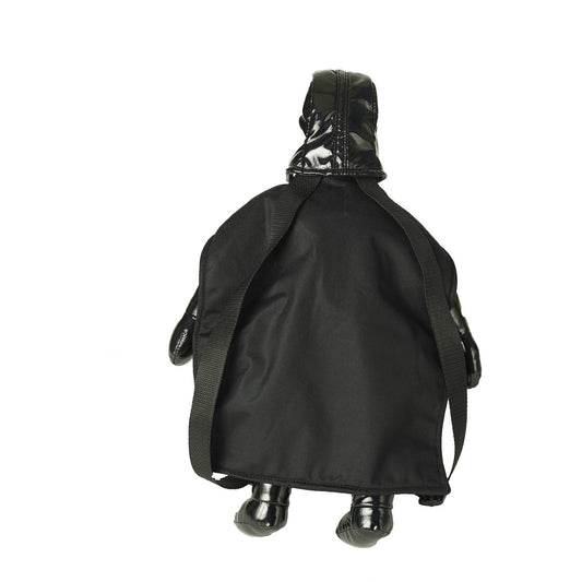 Star Wars Darth Vader plush backpack with black cape, glossy helmet, and shoulder straps, shown from back view