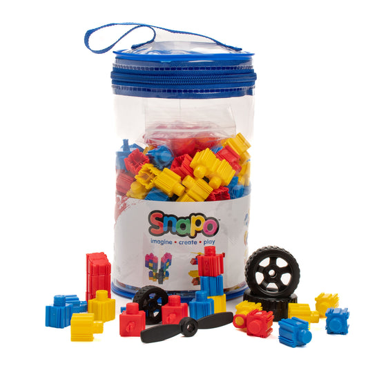 Snapo Advanced Builders Kit 300-piece set with red, blue, yellow blocks and wheels in storage container