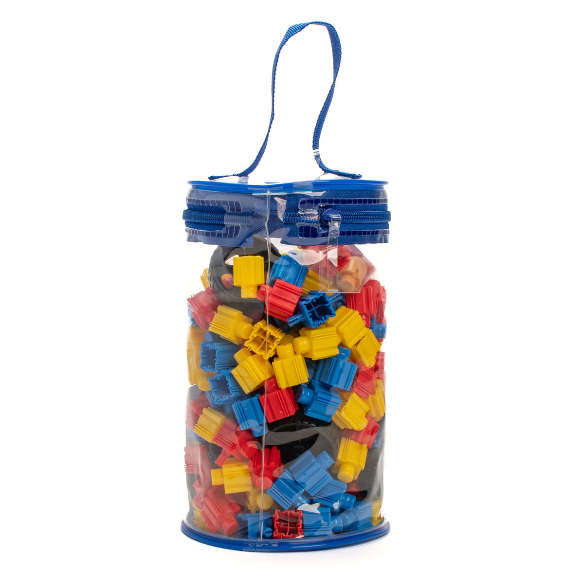 Snapo Advanced Builders Kit 300-Piece Building Set with colorful blue, red, and yellow interlocking blocks in clear c...