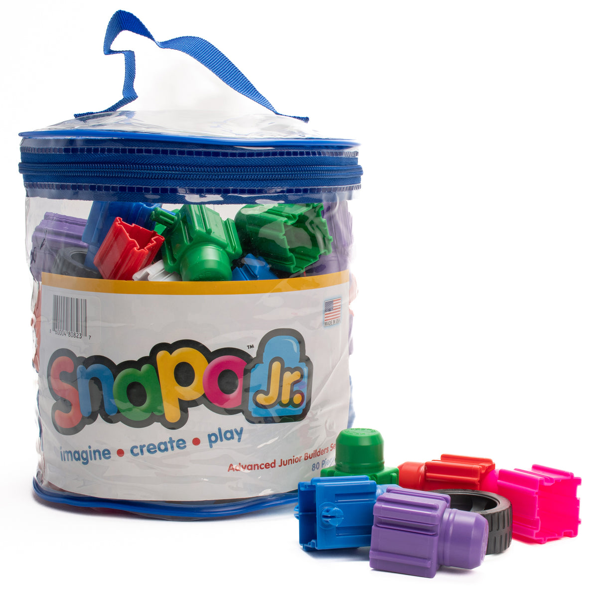 Snapo Jr Advanced Builders Kit 80-Piece Set with colorful blue, green, red, and purple building blocks in storage con...