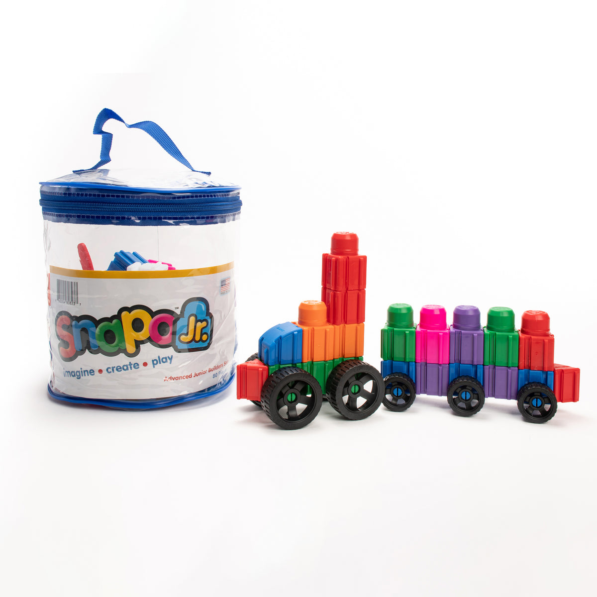 Snapo Jr Advanced Builders Kit 80-Piece Set with colorful magnetic blocks and wheeled base in storage bucket