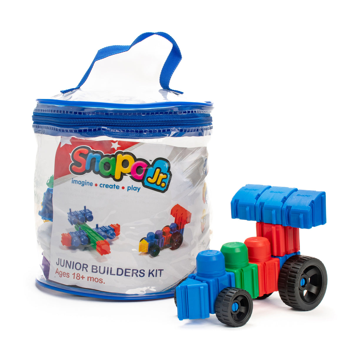 Snapo Jr. Beginner Builders Kit 60-piece set with blue, red, and green building blocks and wheeled vehicle