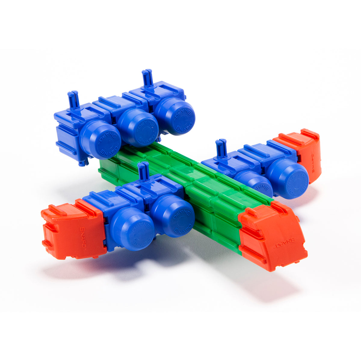 Snapo Beginner Builders Kit 60-piece set with blue motors, green beams, and red connectors
