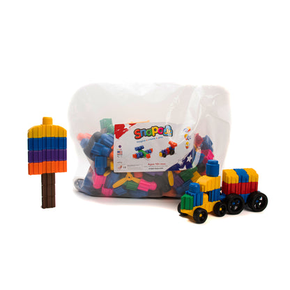 Snapo Jr Ultimate Builder Kit 250-piece set with colorful magnetic blocks, train toy, and storage bag