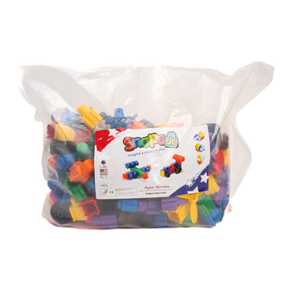 Snapo Jr Ultimate Builder Kit 250-Piece Building Set with colorful plastic blocks in clear bag