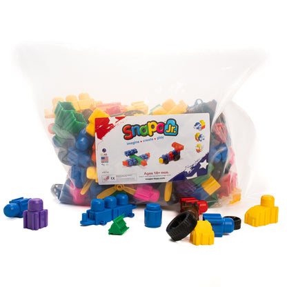 Snapo Jr Ultimate Builder Kit 250-piece colorful building set with blue, yellow, and purple snap-together blocks