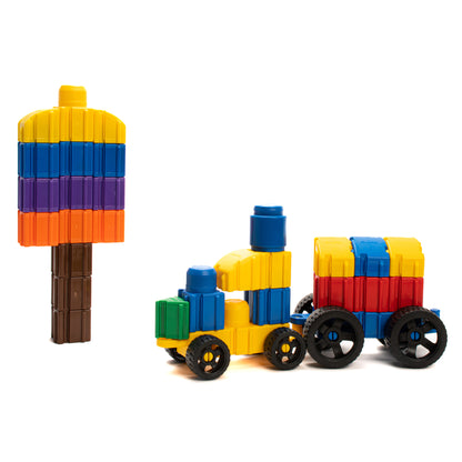Snapo Jr Ultimate Builder Kit 250-piece set with colorful stacking blocks and wheeled vehicles