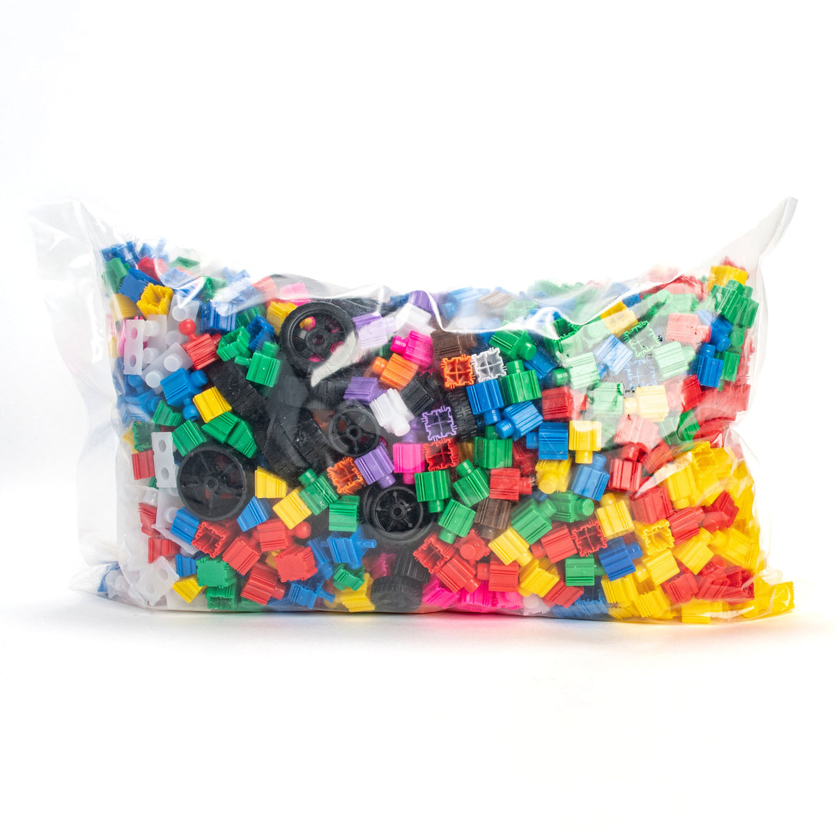 Snapo Mega Builders Kit 1100-piece construction set with colorful plastic blocks and wheels in clear bag