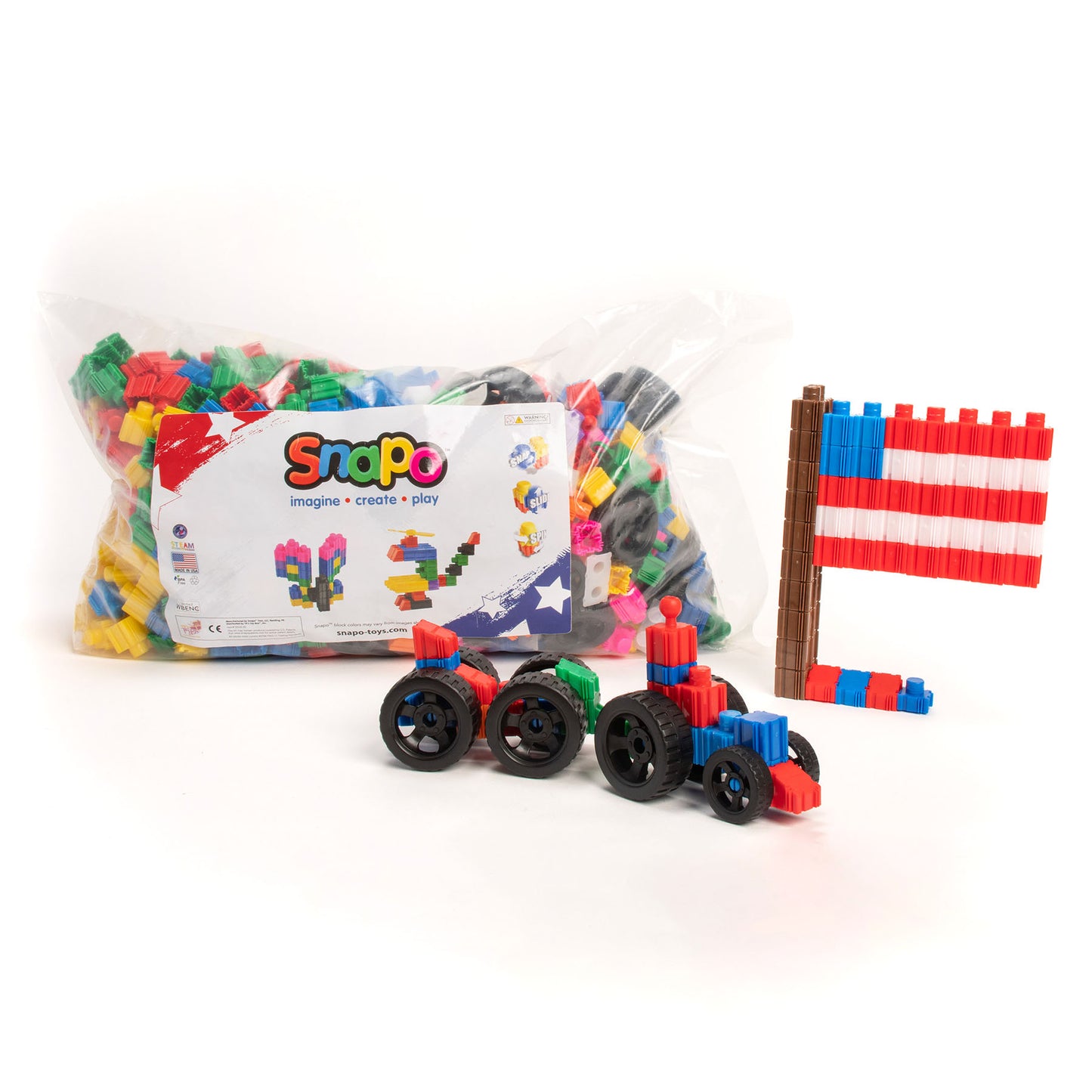 Snapo Mega Builders Kit 1100-piece construction set with colorful blocks, wheeled vehicles, and building structures
