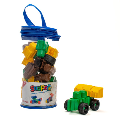 Snapo Jr 40-Piece Building Set with colorful blue, yellow, green and brown blocks in carrying case