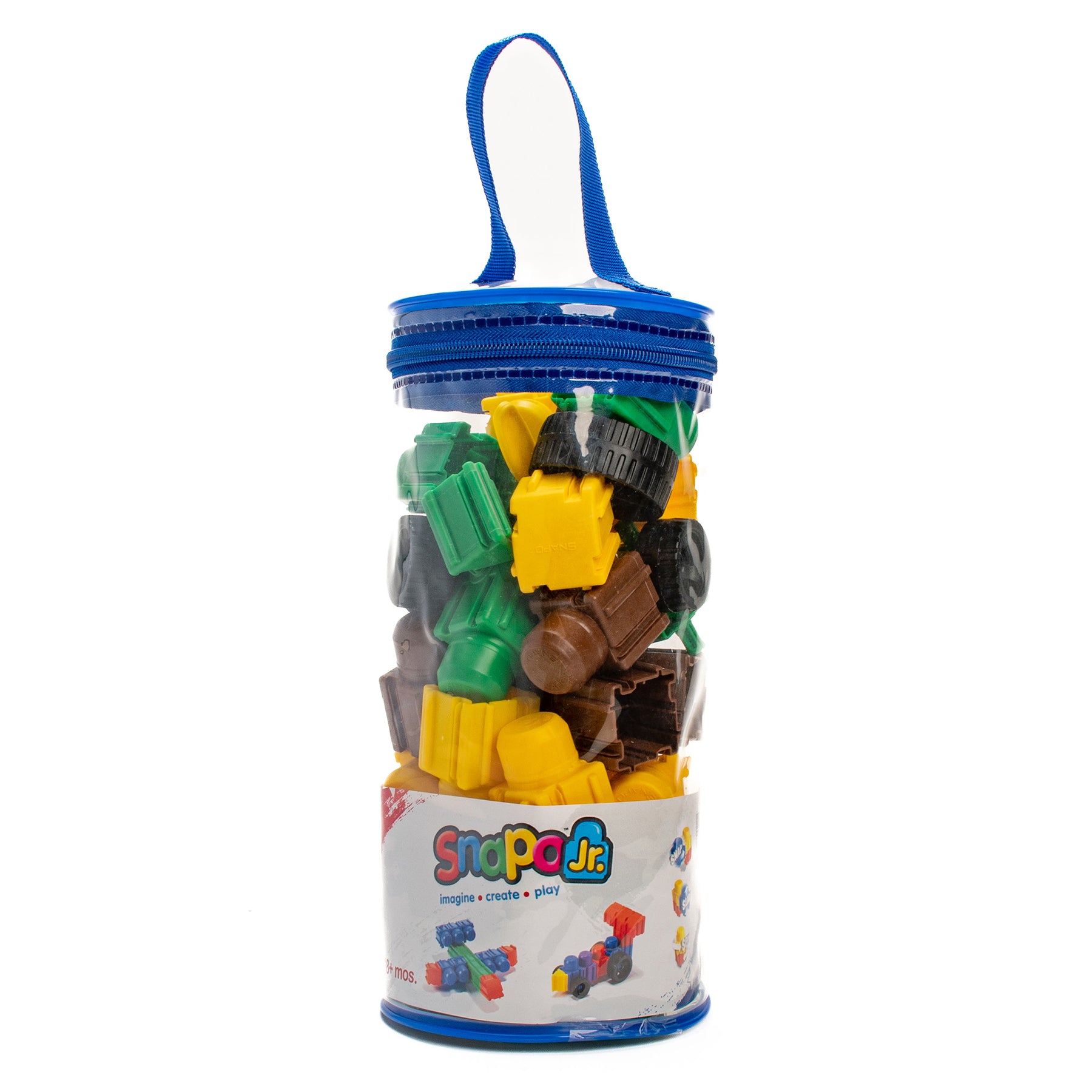Snapo Jr 40-Piece Building Set with colorful green, yellow, and brown plastic blocks in blue carrying case