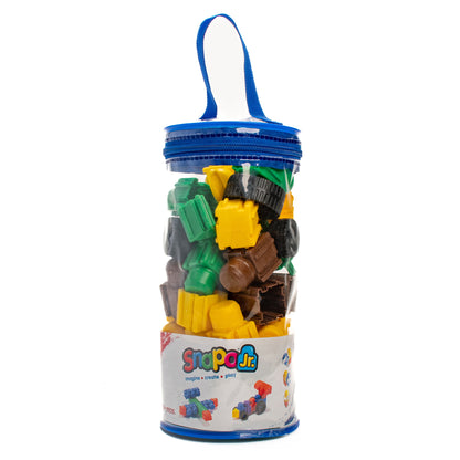 Snapo Jr 40-Piece Building Set with colorful green, yellow, and brown plastic blocks in blue carrying case