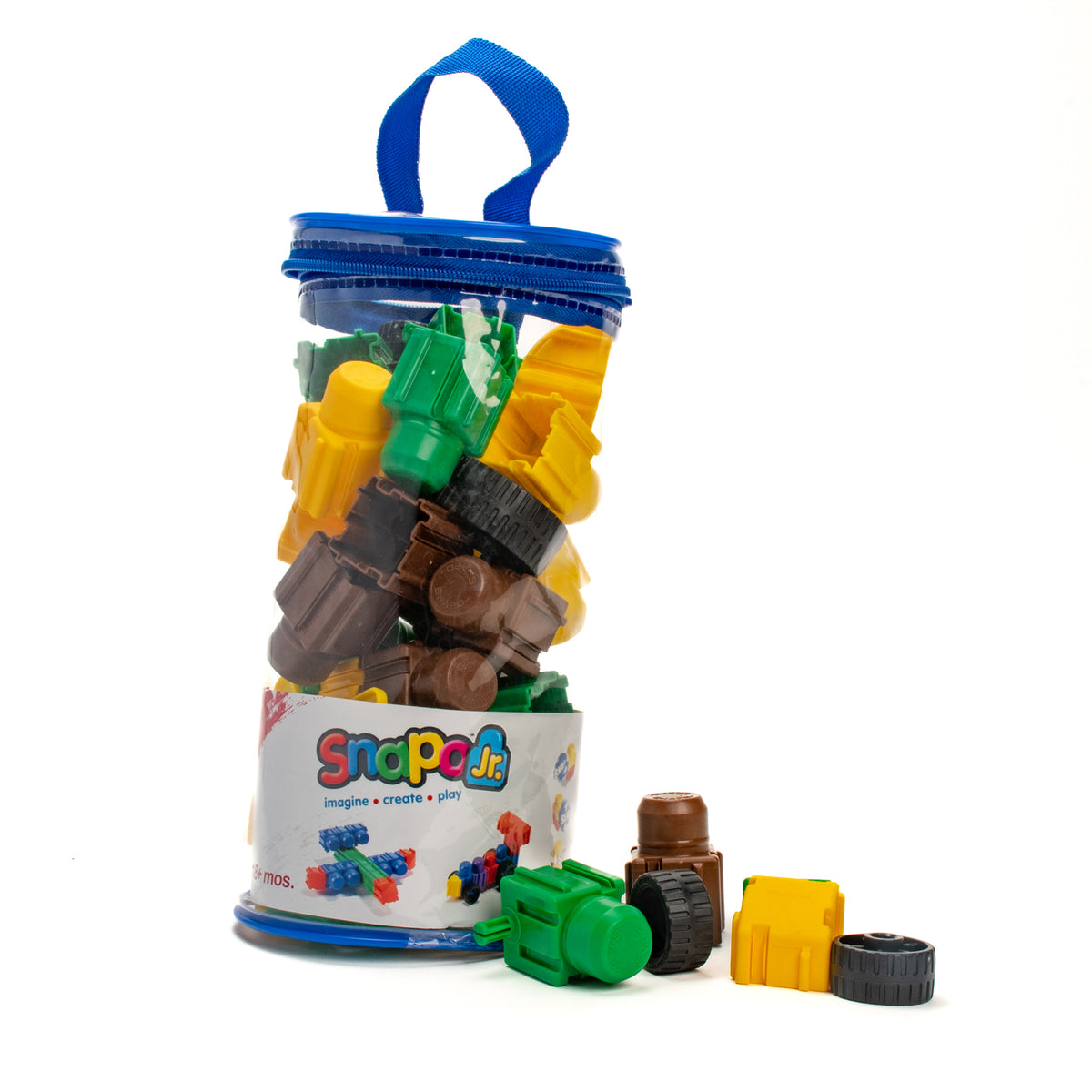 Snapo Jr Dinosaur Creator Kit 40-piece building set with blue carrying case and colorful brick pieces