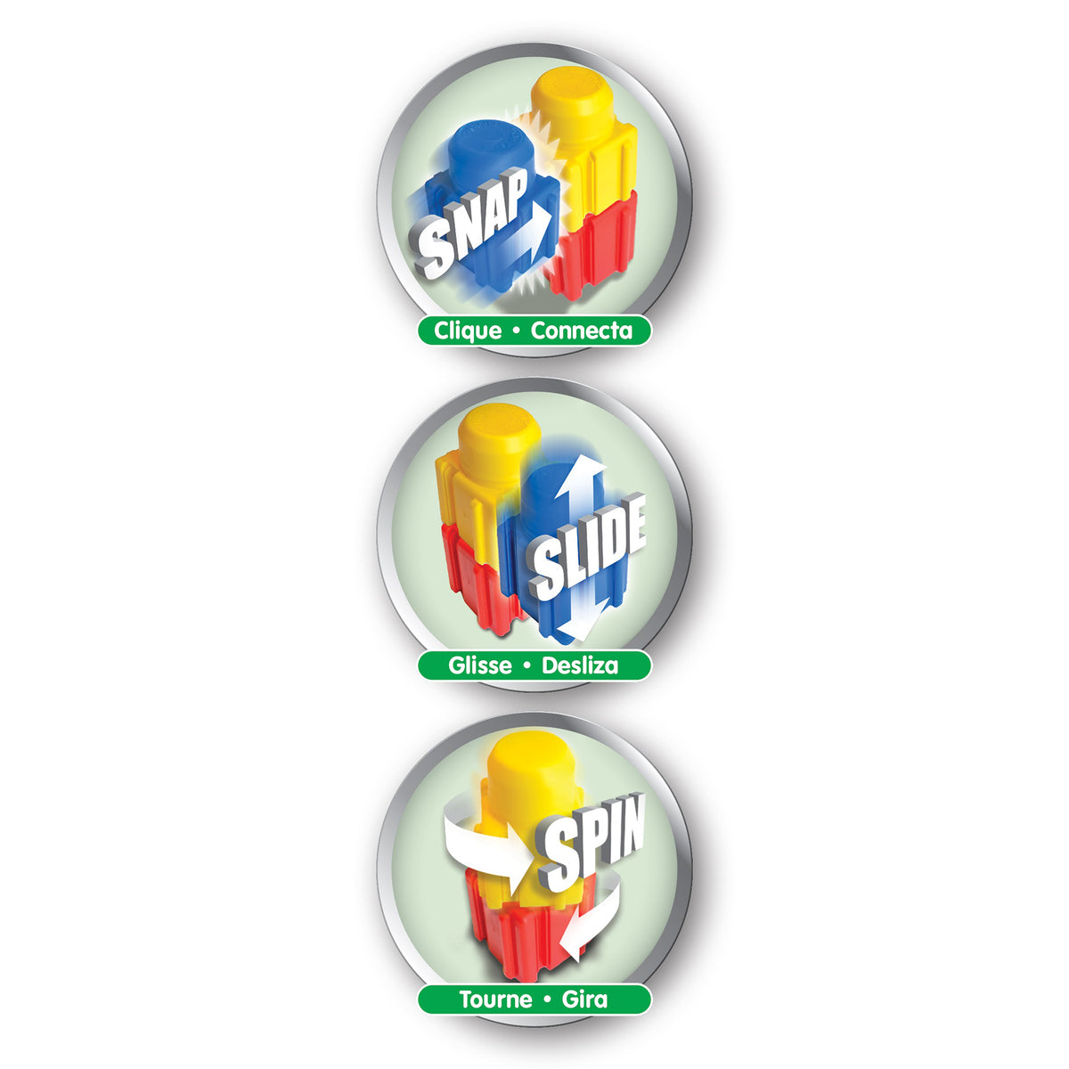 Snapo Jr Dinosaur Creator Kit showing three colorful building pieces with snap, slide, and spin action features