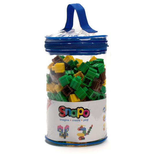 Snapo Mine World Creator Kit 200-piece building set with green, yellow, and brown blocks in blue carry container