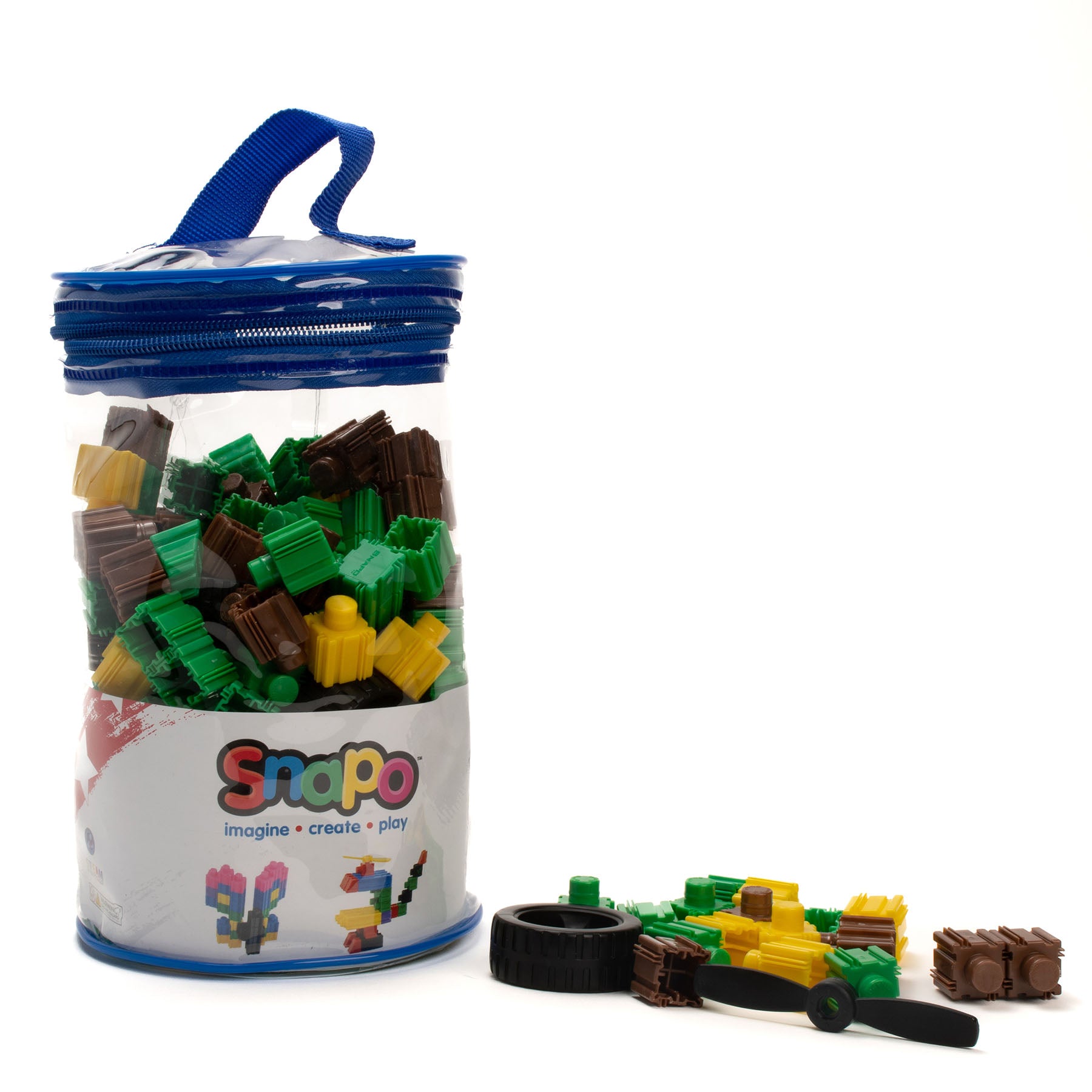 Snapo Mine World Creator Kit 200-piece building set with green, brown, and yellow blocks in blue storage container