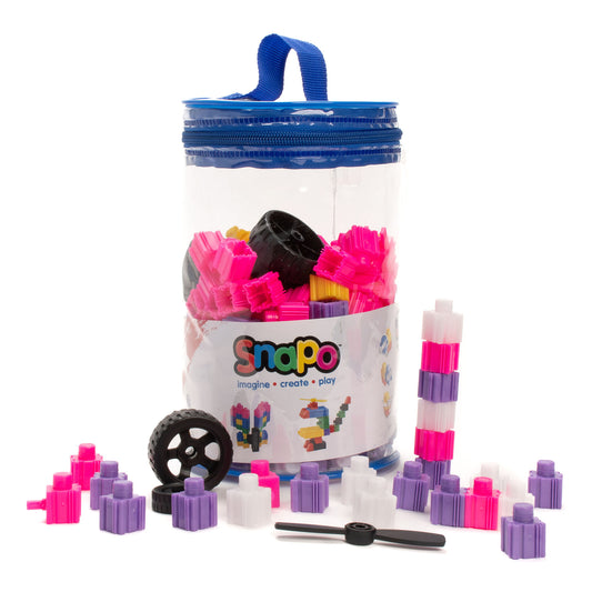 Snapo Unicorn Creator Kit 200-piece building set with pink, purple, white blocks and black wheels