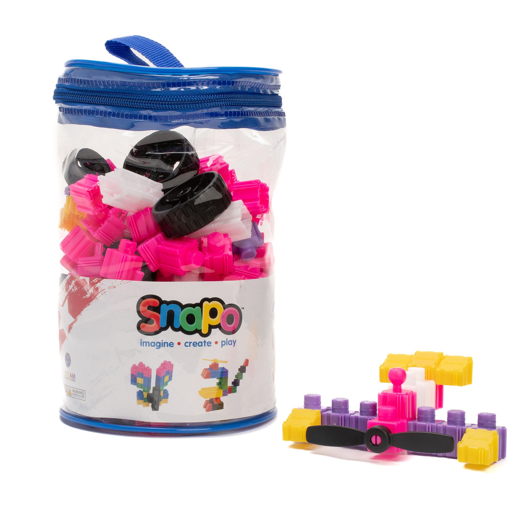 Snapo 200-Piece Building Set with pink, yellow, and black blocks in storage bag