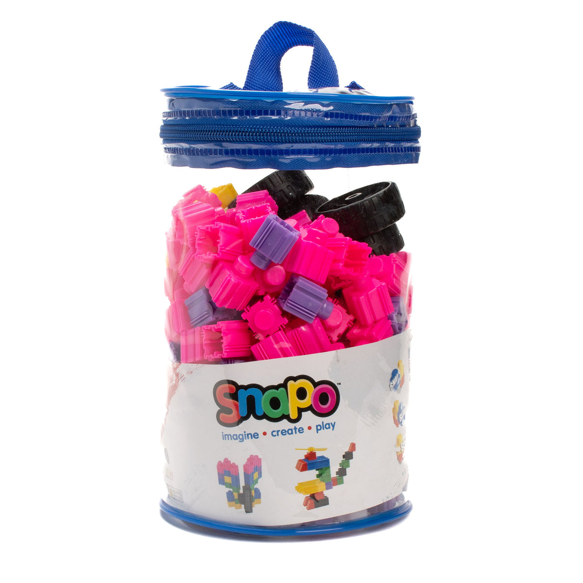 Snapo Unicorn Creator Kit 200-piece building set with pink blocks and blue carrying case
