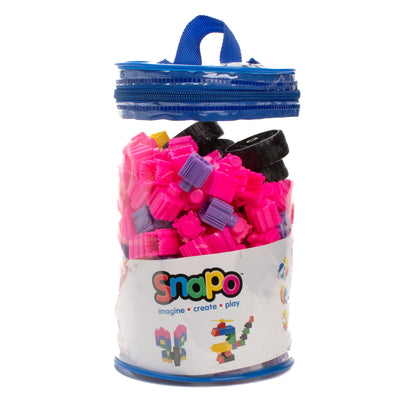 Snapo Unicorn Creator Kit 200-piece building set with pink blocks and blue carrying case