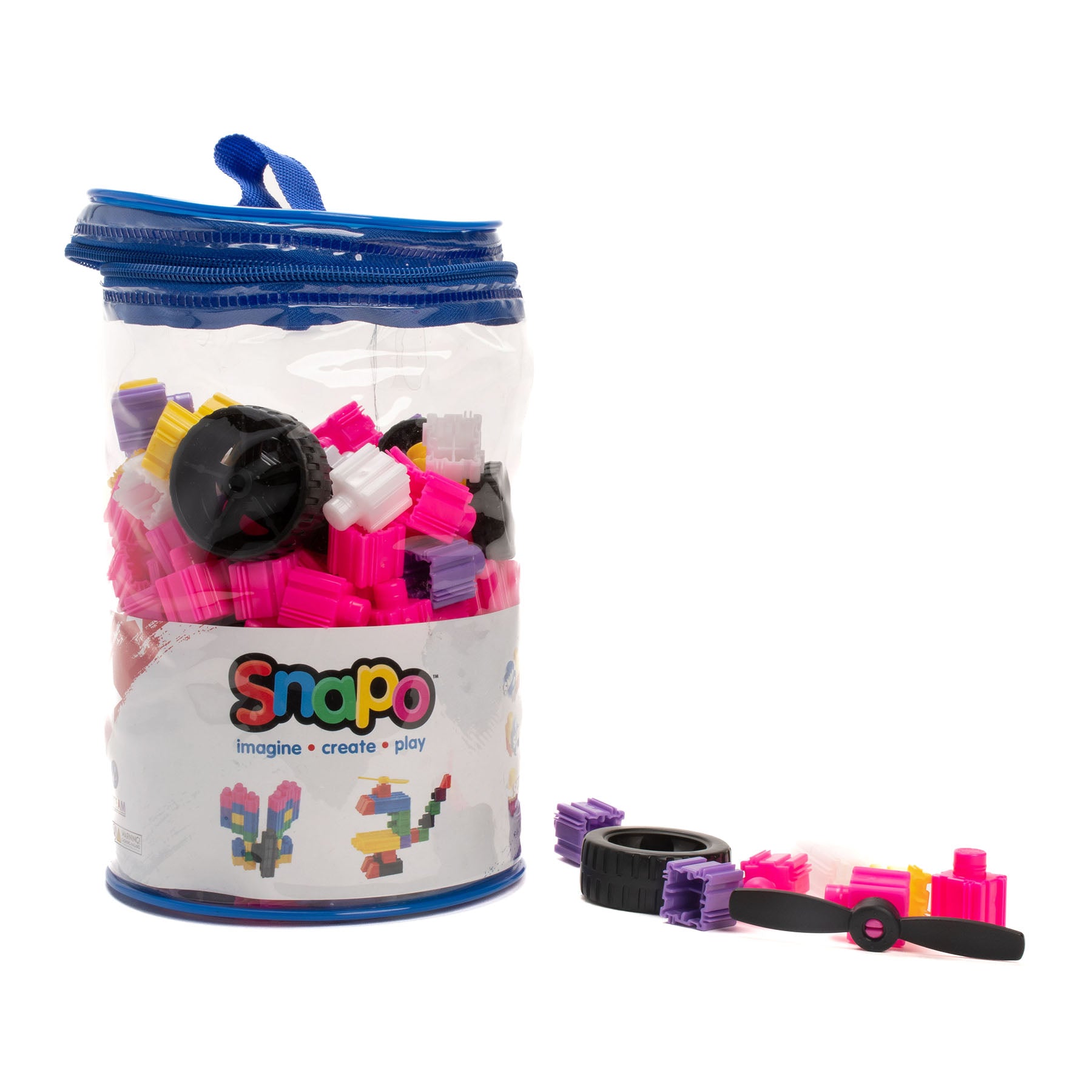 Snapo Unicorn Creator Kit 200-piece building set with pink, purple, yellow and black blocks in storage container