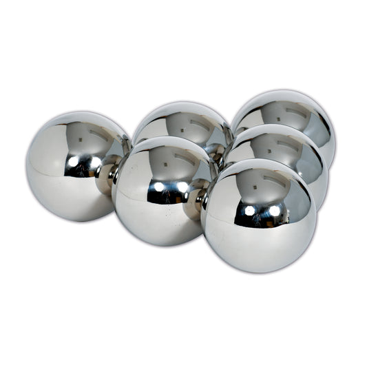 Set of 6 reflective stainless steel sensory balls with mirrored surfaces arranged on white background