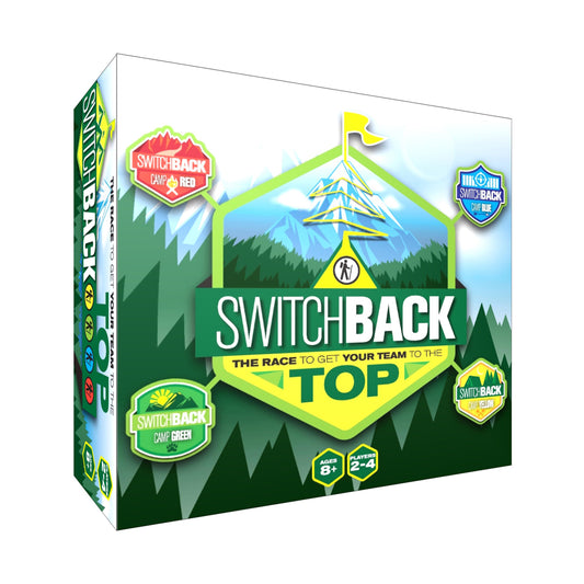 Switchback Family Board Game box featuring mountain landscape with team-colored camps (red, green, blue, yellow) and tagline 'The Race to Get Your Team to the T