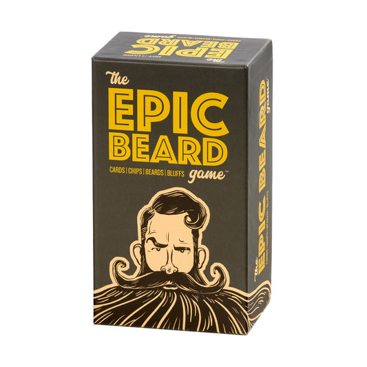 The Epic Beard Game box with yellow text on dark background and illustrated bearded man face