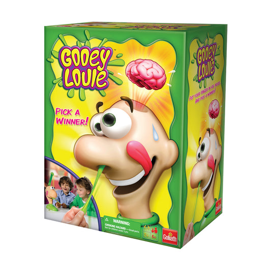 Gooey Louie game box featuring cartoon character with bulging eyes and pink brain on green and yellow packaging
