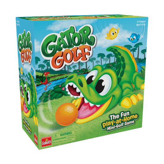 Gator Golf box showing a green alligator character with large eyes and open mouth holding an orange golf ball, with tropical landscape and birds in background
