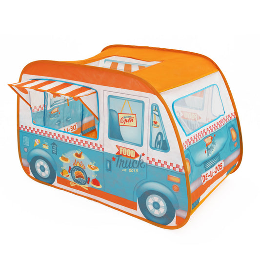 Pop-up play tent designed as a blue and orange food truck with checkered trim, open window, and food graphics on plain background