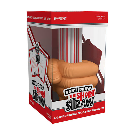 Don't Draw the Short Straw board game box featuring a large tan straw bundle with burgundy cards fanned behind it, red and white packaging with Pressman brandin