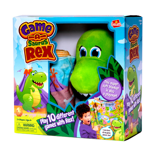 Game-A-Saurus Rex interactive plush toy and board game set with bright green dinosaur, game board, and packaging by Goliath