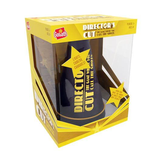 Director's Cut board game by Goliath in yellow and black packaging, showing a megaphone-shaped game component with star graphics
