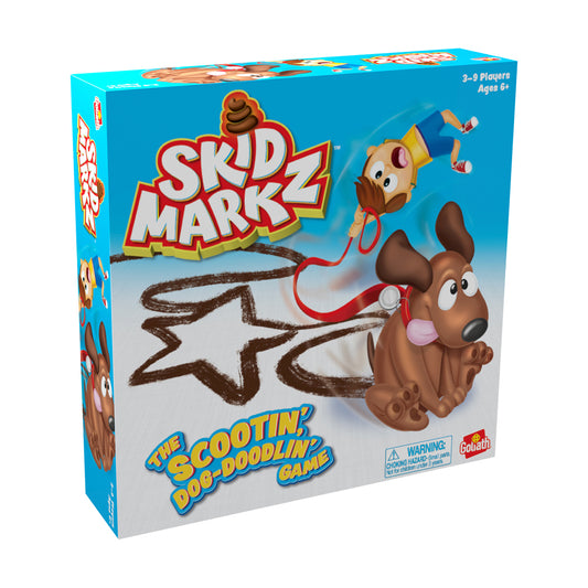 Skid Markz board game box featuring cartoon dog character and trail design, for 2-9 players ages 6+