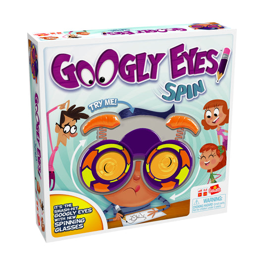 Googly Eyes Spin family drawing game box featuring purple spinning glasses with orange and yellow accents and cartoon characters on sides